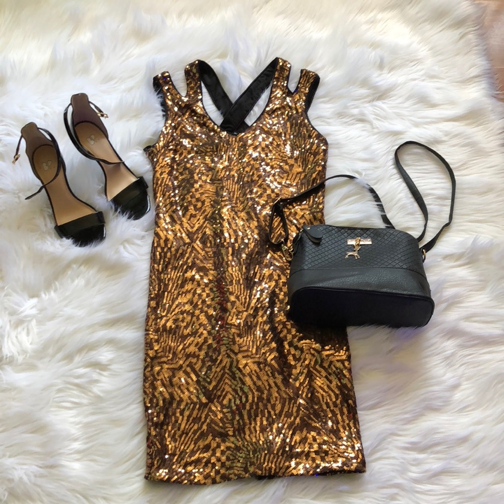 Bebe | Women sequin gold/brown bling dress size XS